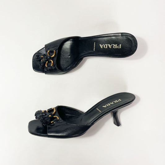 Vintage Prada Kitten Heels in Black Leather with Tassle