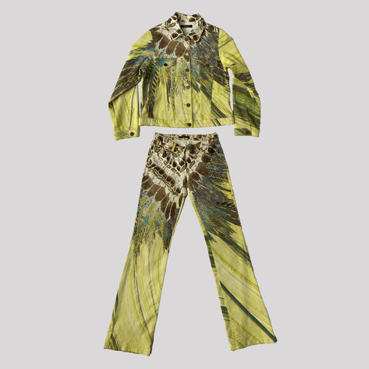 SS 04 Roberto Cavalli Feather Print Denim Jacket and Trousers Set in Lime Green - S