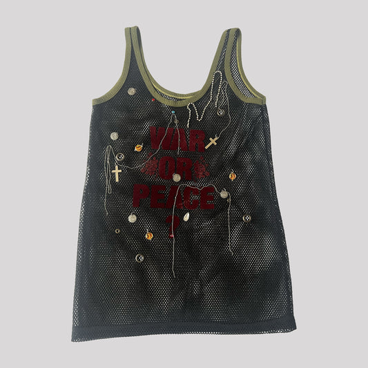 Vintage Embellished Fishnet Vest with "War or Peace?" Graphic and Charms in Black / Khaki